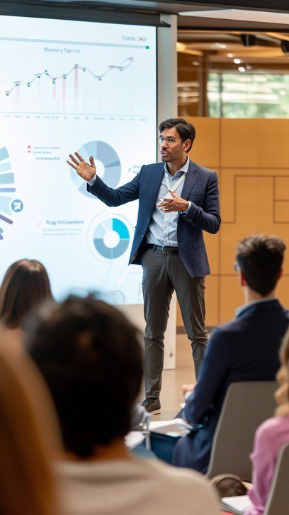 Formateur en tenue professionnelle animant une formation devant son audience